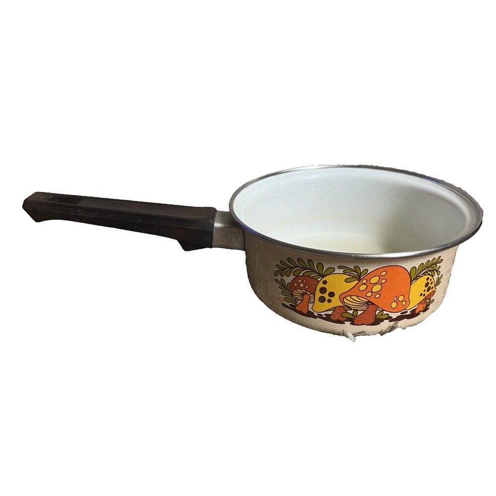 Sears Merry Mushroom Vintage 1970s Enamel 1 Quart Saucepan No Lid Orange Yellow